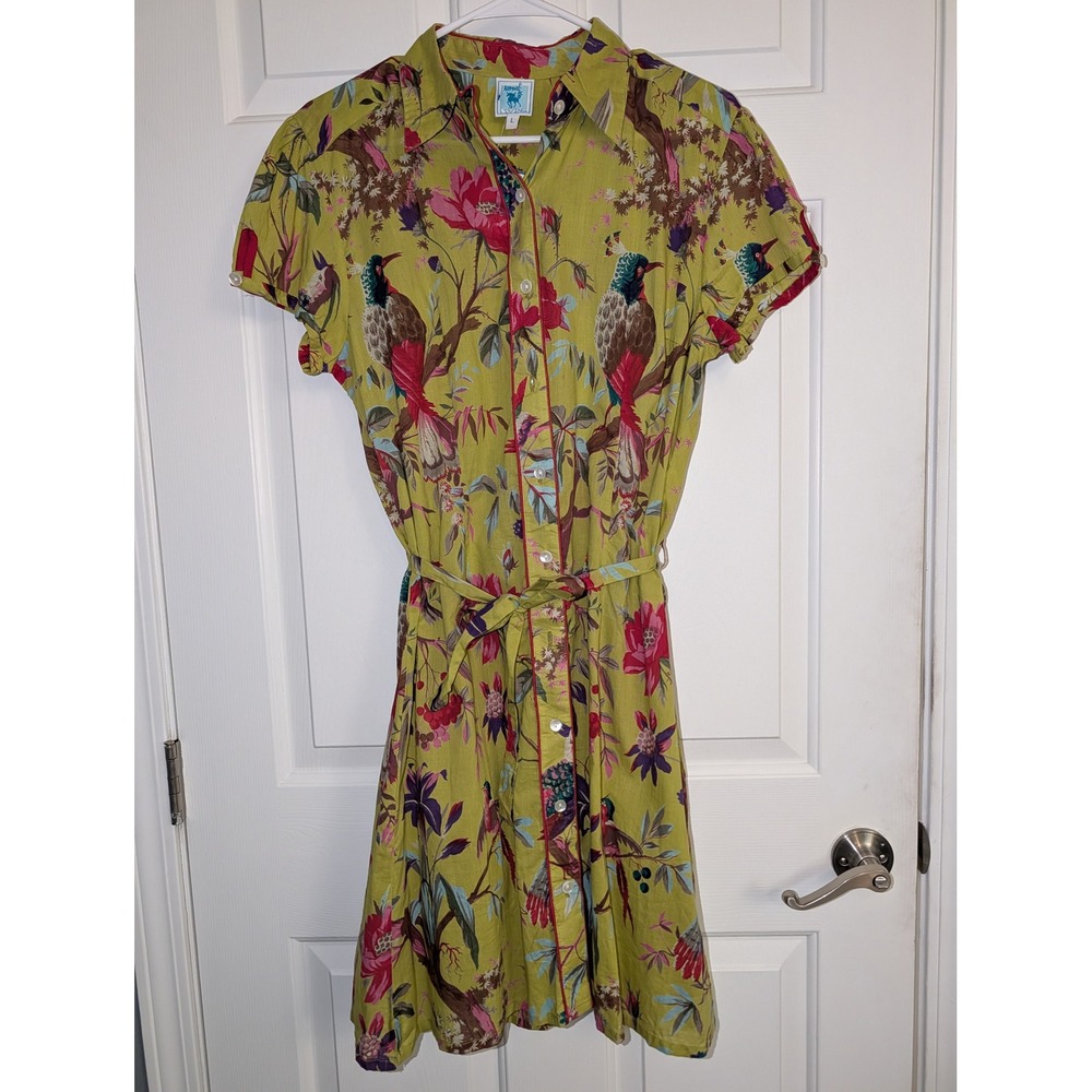 NWT Karma Living Bird Floral Shirt Dress L Cotton Whimsical Boho